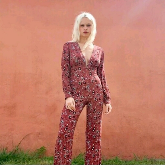 Free People Pants - Vintage Free People Jumpsuit Floral Boho Red 6 Retro Romper Hippie
